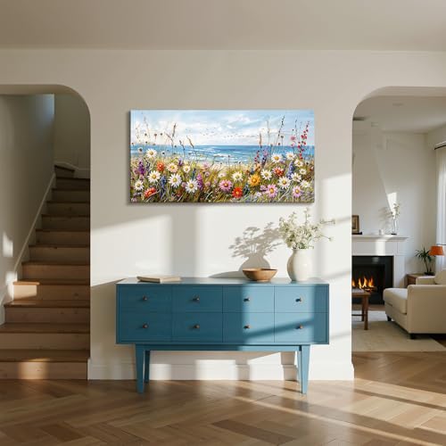 SERIMINO Floral Wall Art, Large Wall Decor, Beach Wall Art, Landscape Art Prints, Coastal Daisy Wildflowers Painting, Ocean Pictures for Living Room Bedroom Kitchen Farmhouse Home Decoration 20"x40" by SERIMINO - Used condition - Image 4
