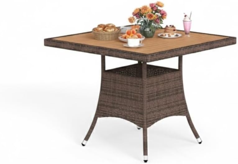 Square Rattan Patio Dining Table with Solid Acacia Wood Top for Outdoor Entertaining