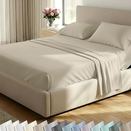 Image of California Design Den Split King Sheets Sets for Adjustable Bed - 600 Thread Count Sateen, 100% Cotton Sheet & Pillowcase Sets, Deep Pockets, Soft and Durable Bedding - Beige