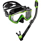 Cressi Panoramic Wide View Mask Dry Snorkel Set, Lime Green / Black Silicone