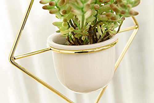 Mkono 2 Pcs Mini Hanging Planter Vase Set, 3.5" White Ceramic Plant Pot With Gold Metal Geometric Plant Hanger Modern Window Ceiling Planters For Small Succulent Cactus Herb Air Plant (Pots Included) #TOP4