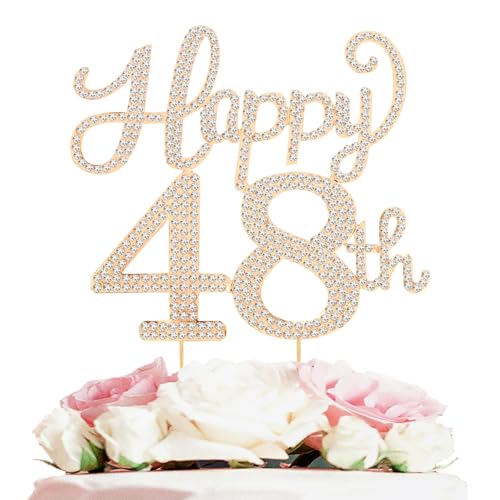 LASKYER Happy 48th Birthday Decorations,48th Birthday Gold Rhinestone Cake Topper - Cheers to 48 Years Old Bday Party Metal Sparkly Cake Centerpieces Sign.