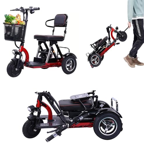 Elektromobil Klappbar Dreirad, Faltbar, Leichter Reisemobilitätsroller, Seniorenmobil Elektro Dreirad für Erwachsene, Rollator Elektrisch mit Korb,Traglast 160kg, Red