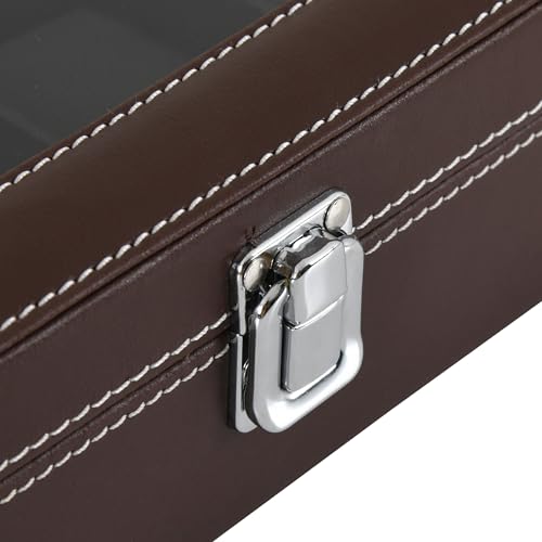 Image of BOXXO 12 Slot Watch Organizer Box for Men & Women - Premium PU Leather Watch Case, Soft Velvet Cushions & Glass Lid Display, Elegant Storage Box - 34x20x8 cm (Brown & Black (Transparent), 12 Slots)