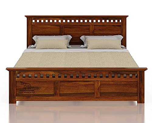Image of SHRI MINTU'S ART Solid Sheesham Wood King Size Bed Without Storage | Wooden Double Bed Cot Bed for Bedroom Furniture | Palang Double Bed for Hotels | All (Queen, Brown Finish)