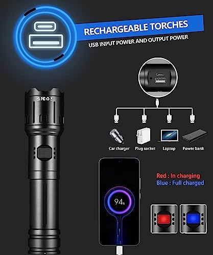 Torches LED Super Bright, Rechargeable Torch 100000 Lumen with Zoom, Powerful Tactical Torch with 26650 Battery, High Powered Bright LED Flashlight for Camping and Daily Use