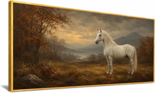 JILLICK White Horse Framed Wall Art Autumn Mountain Landscape