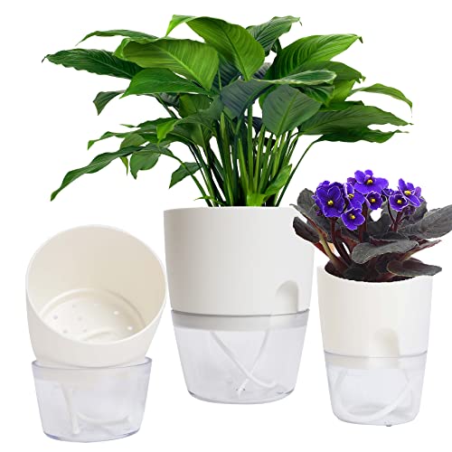 Self Watering Planter Pots, 3 Pack Transparent Indoor Plants Pot, 6/4.1/3.2 Inch, African Violet Pots, Suitable for Succulents, orchid and Other Plant, With Wick Rope and Water Injection Hole (White)