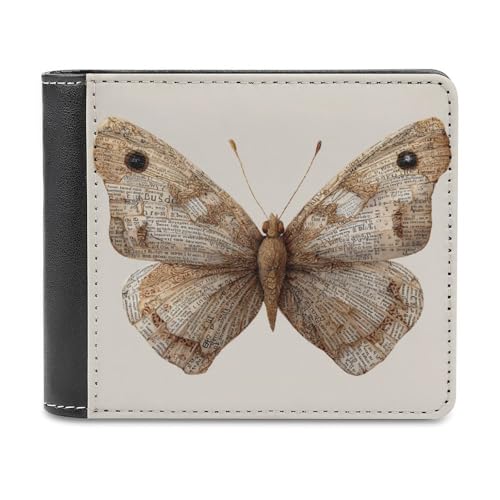 Cute Vintage Neutral Brown Butterfly Soft PU Leather Bifold Wallet, Coin Purse Credit Pass Case, Durable Card-Holder Slim Billfold for Men Woman Money Storage - Main Image
