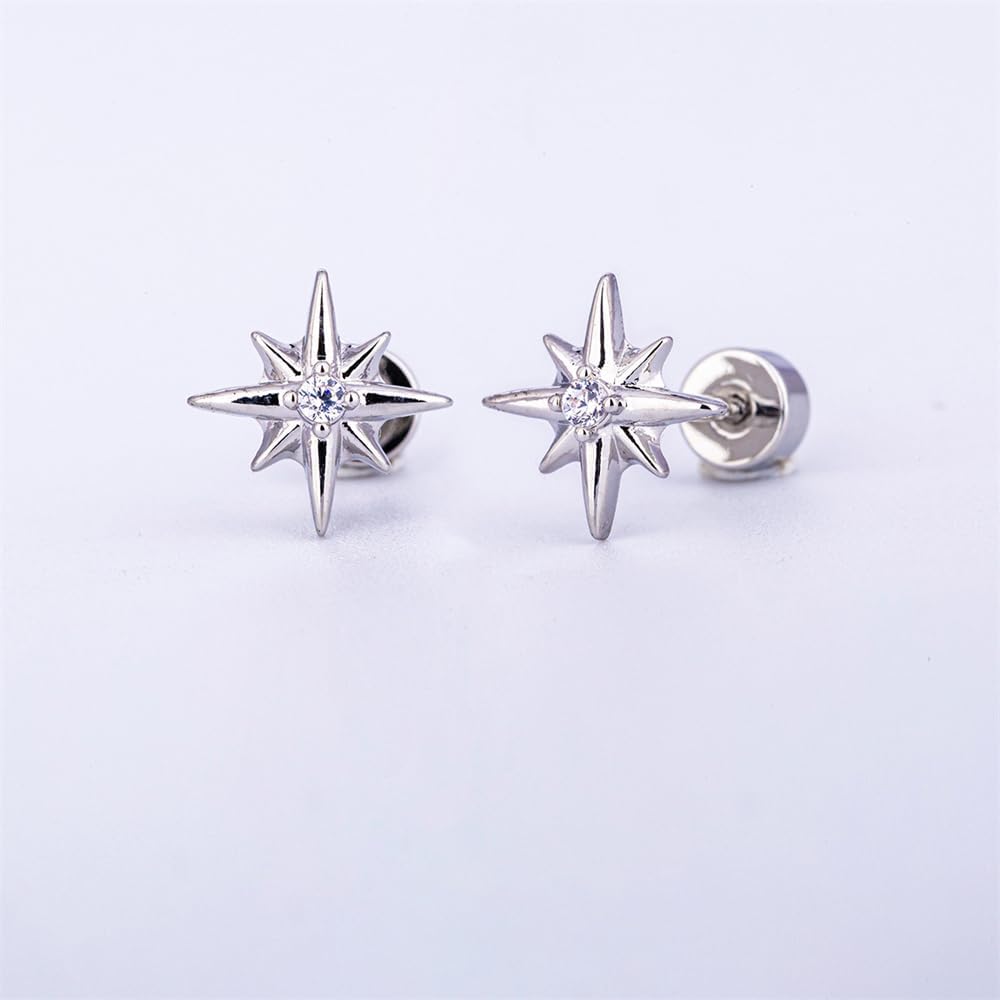 20g Star CZ Screw Flat Back Small Stud Earrings for Women Men Stainless Steel Silver Plated Stars Cartilage Tragus Piercing Little Studs Hypoallergenic Fashion Trendy Jewelry Birthday Gift