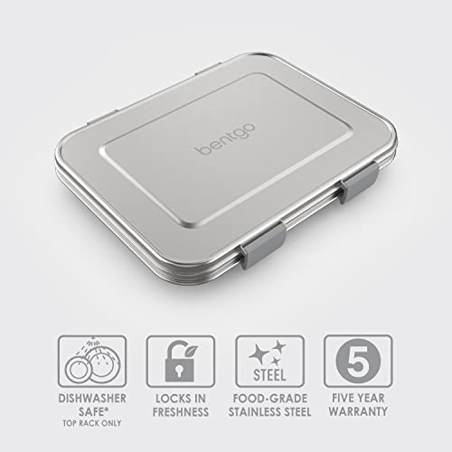 Bentgo® Kids Stainless Steel Leak-Resistant Lunch Box - Bento-Style Redesigned In 2022 W/Upgraded Latches, 3 Compartments, & Bonus Container - Eco-Friendly, Dishwasher Safe, Patented Design (Silver) #TOP19