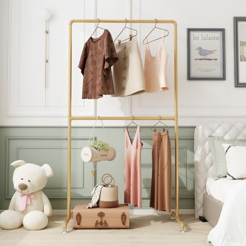 FONECHIN Industrial Pipe Clothing Rack, Heavy Duty Metal Clothes Rack with Double Rods, Freestanding Garment Rack for Bedroom Boutique Retail Use (Gold)