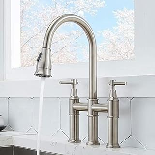 SHACO Brushed Nickel Bridge Kitchen Faucet, 3 Hole Farmhouse Kitchen Faucet with Pull Down Sprayer, Two Handle High Arc 360 Swivel Traditional Country Heritage Solid Large Faucet for Kitchen Sink