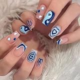 24 Piezas Uñas Postizas llamas Ataúd Cortas Bailarina Uñas Falsas Azul Brillante Reutilizable Artificiales Uñas para Mujeres Niñas Decoración de Uñas en Salón