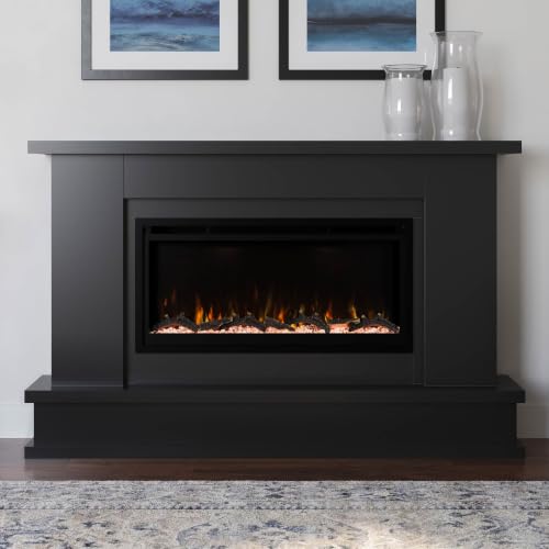 Modern Ember Patton Black Mantel Package 64" W x 42" H with 42 Inch Electric Fireplace - 5 Flame Colors, 10 Ember Bed Colors, Log Kit & Crystal Embers | Alexa/WiFi Enabled