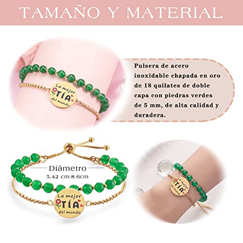 LParkin Doble Cuenta Pulsera Regalos la mejor Tía del mundo, Pulsera Personalizada Mujer Acero Inoxidable Ajustable, Regalo Cumpleaños Original, Oro2