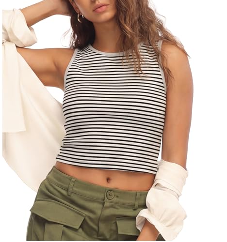 HiMONE Women’s Summer Striped Crop Tank Top Casual Sleeveless Crew Neck Fitted Stretch Knit Cropped Shirt XL — view 2