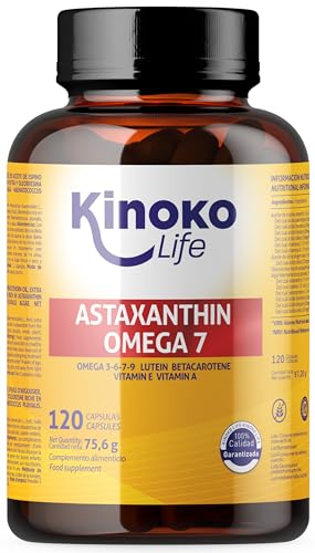 Astaxantina y Omega7 de Aceite de Espino Amarillo - 120 Cápsulas con Omegas 3, 6, 7, 9, Luteína, Betacaroteno, Vitaminas E y A. Sin Gluten. GMO Free