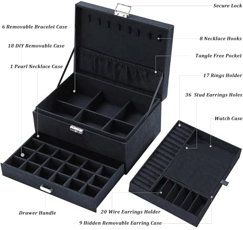 QBestry Jewelry Box for Women with Drawer, 3-Layer Large Jewelry Organizer with Lock & Key, 8 Necklace Hooks & 56 Earring Holes, Black Velvet Jewelry Storage Box for Necklaces Earrings Rings Bracelets by QBestry - Image 7