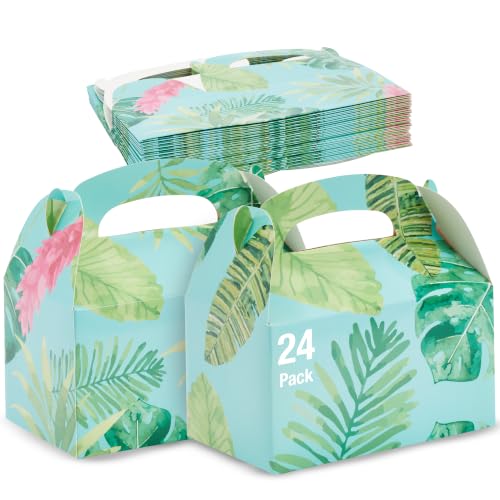 BLUE PANDA 24-Pack (24 Gable Boxes) Tropical Party Favor Boxes | Teal Floral Palm Leaf Hawaiian Treat Containers | Sturdy Cardboard Luau Birthday Goodie Gift Packs — 6x3.3x3.6 In
