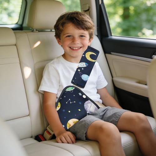 Kids Seat Belt Cover Pads, Pea Pod Children Universal Shoulder & Belly Protective Padding, Breathable Car Seat Strap Cushion Covers for Boys Girls (Space)