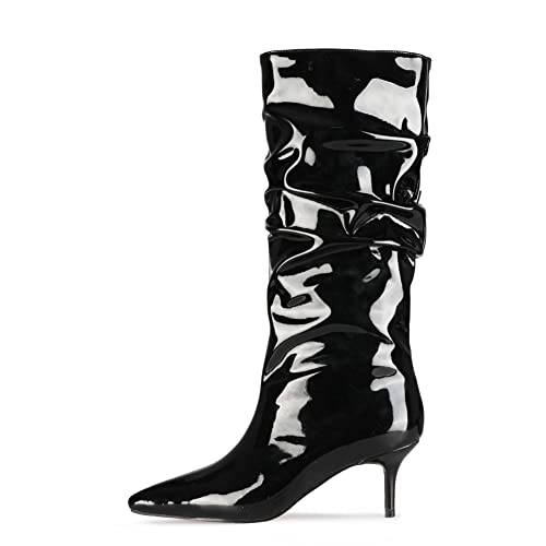 LEMUTISME Women's Stylish Pointed Toe Patent/Matte Leather 2.5IN Slouchy Folding Craft Low Kitten Heel Dress Mid Calf Boots
