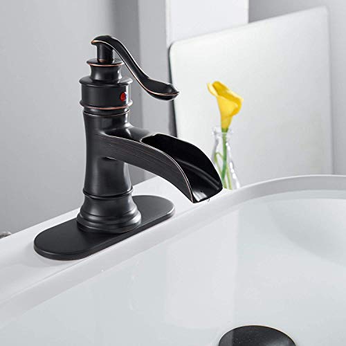 Waterfall Bathroom Faucet Oil Rubbed Bronze Sink With Pop Up Drain Stopper Faucets Single Hole Rustic Vanity Farmhouse Overflow One Handle Bath Black Commercial Assembly Lead-Free By Homevacious #TOP1