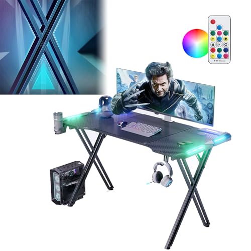 UISEBRT 120x60x73cm X-Frame Gaming Escritorio con LED, Escritorio de Ordenador con Soporte para Bebidas y Auriculares, Gancho Superficie de Fibra de Carbono, Mesa de Gamer Ergonómica para Dormitorio,