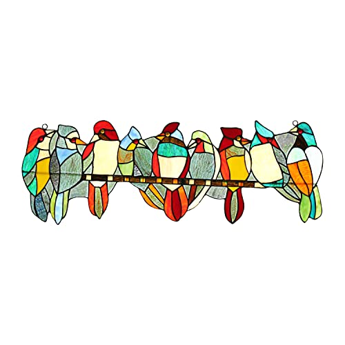 Chloe Lighting Birds ON A Vine Tiffany-Style Animal Design 26" x 9" Stained Glass Window Panel, Multi-Colored