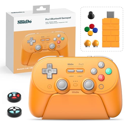 8Bitdo Pro 3 Mando Bluetooth con Joysticks TMR, Botones ABXY Intercambiables, Botones Traseros Pro, Base Carga y Disparadores Efecto Hall para Switch/Switch 2, PC, Apple, SteamOS y Android (Naranja)