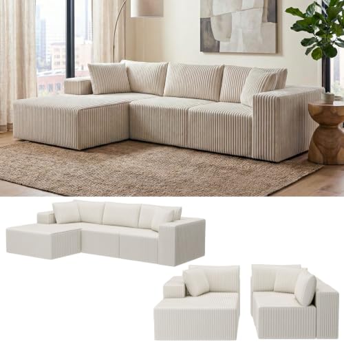 Image of 110 inch Cloud Modular Sectional Sofa with L-Shaped Chaise, Deep Seat Fluffy Boneless Couch, No Assembly Required for Living Room and Bedroom,Beige