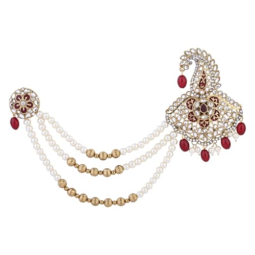 Image of I Jewels Gold Plated Traditional Stone Pearl Drop Safa Kalangi Brooch for Groom /Men /Dulha Pagadi (SM70M)