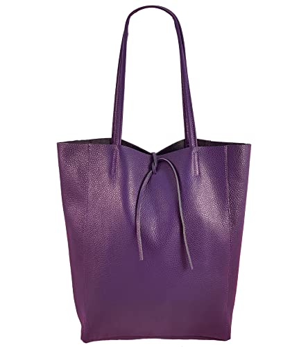 Freyday Sac cabas en cuir véritable pour femme avec poche intérieure dans de nombreuses couleurs, sac à bandoulière, look métallique S01, lilas, Large