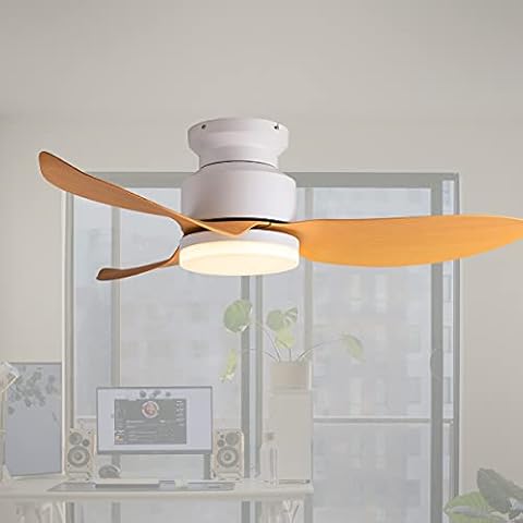 EKIZNSN 46'' Flush Mount Low Profile Ceiling Fan with Light and Remote, Modern Bedroom Ceiling Fans with 3 Blades for Living Room/Dining Room, Wood Grain Color Cover