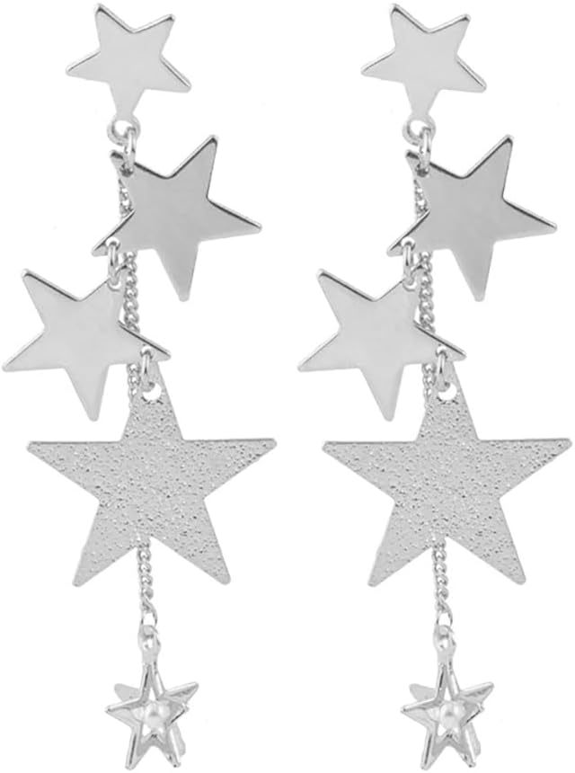 Star Long Tassel Clip On Dangling Earrings for Women Girls Faux Pearl Shooting Stars Meteor Drop Dangle Non Piercing Statement Earring Fashion Lucky Jewelry Gifts for Sensitive Ears Clips