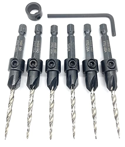 Ftg Usa Countersink Drill Bit Set 6 Pc #6 (9/64") Wood Countersink Drill Bit Pro Pack Countersink Set, Tapered Countersink Bit, 1 Stop Collar, Hex Wrench, Woodworking Countersink Drill Bits #TOP7