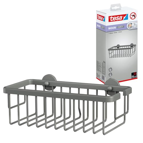 tesa MOON GREY Duschablage zur Wandmontage ohne Bohren, grau matt - einstöckig und extra tief - für Bäder im Industrial Style und moderne Badezimmer - mit Klebelösung - 250mm x 92mm x 125mm