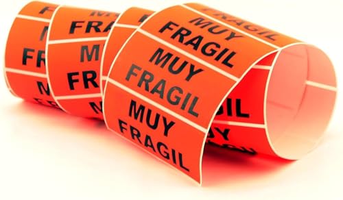 Etiquetas Adhesivas Muy Frágil, Rollo de 500 Unidades, 94 x 38 mm, Color Naranja Fluorescente, Adhesivo Firme para Paquetes Delicados, Identificación de Envíos y Mudanzas