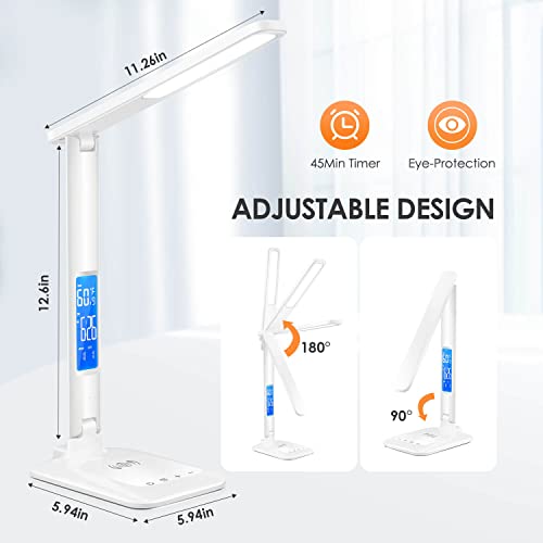 Mubarek Led Desk Lamp, Adjustable Bright Table Lamp With Clock, Desk Lamps For Home Office With Usb Charging Port, Dimmable Led Desk Lamp, Touch Control Desk Light With Alarm, Date, Temperature(White) #TOP4