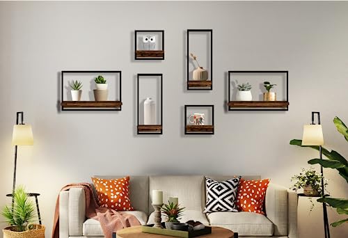 takor 6 Sets Rustic Floating Shelves,Wooden Storage Shelf with Metal Frame, Wall-Mounted Wood Display, Wall Hanging Decor, Home Decor for Living Room, Bedroom, Kitchen, Office