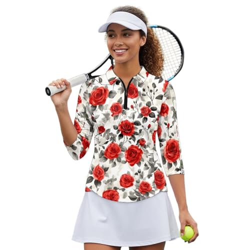 YEXIATODO Red Rose Shirt for Women 3/4 Sleeve Top Golf Summer Clothing Polyester 1/4 Zipper Active T-Shirt Breathable Athletic Tee Golf Polo Helps You Take A Swing As Play