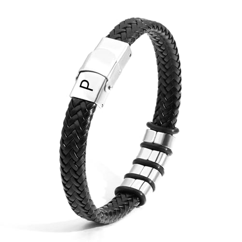 SAMINO Cuero Negro 26 Pulseras de Acero Inoxidable de Primera Letras Para Hombres Pulseras Colgantes de Letra A - Z Tejidas Pulseras Regalos Para Marido Padre Hijo Novio Tío (P)