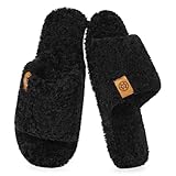 Dokela Fuzzy Open Toe Slippers for Men Soft Memory Foam Indoor House Shoes Slip On Cozy Bedroom Slippers Lightweight Non-Slip Home Slides,Black,US 10-11 / EU 44-45