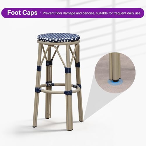 Image of PURPLE LEAF Outdoor Round Bar Height Stool Set of 2 Patio Backless Barstools Aluminum Frame in Champagne Finish with Navy Blue & White Woven Rattan for Indoor Kitchen Dining Bistros Cafe Restaurant