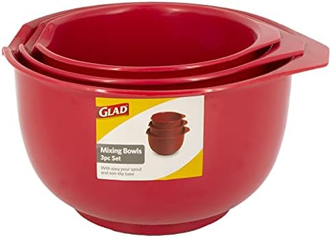 Glad Mixing Bowls with Pour Spout, Set of 3 | Nesting Design Saves Space | Non-Slip, BPA Free, Dishwasher Safe Plastic | Kitchen Cooking and Baking Supplies, Red - Thumbnail 5