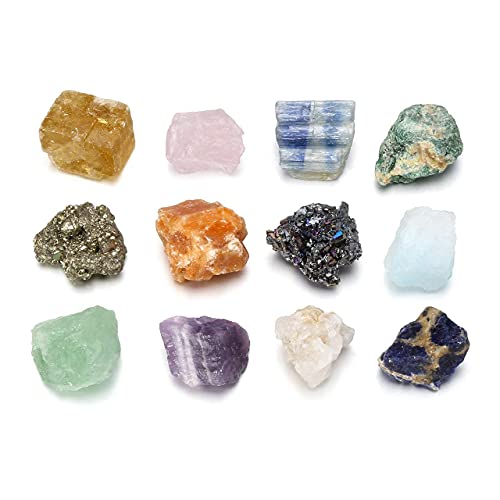 Jovivi 12Pcs Mineral Rocks And Crystals Bulk Geology Science Natural Rough Raw Stones Quartz Specimens For Tumbling, Cabbing, Polishing, Wicca And Reiki Healing,0.59"-0.9" #TOP20