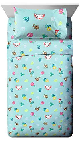 Disney Moana Flower Power Twin Sheet Set - Super Soft and Cozy Kid’s Bedding Features HeiHei & Pua - Fade Resistant Polyester Microfiber Sheets (Official Disney Product)