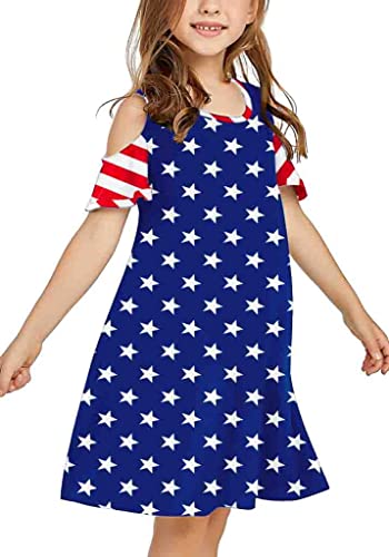 Remimi July 4Th Girl Patriotic Dress Round Neck American Flag Tunic Cold Shoulder Short Sleeve Sundress Stars 11-12 Years #TOP1