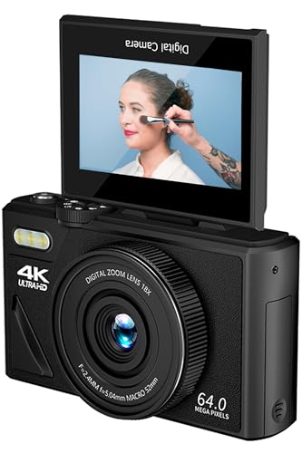 Vlogging Camera, 4K UHD Video Recording, 64MP Digital Camera with Flip LCD Screen, 18X Zoom Compact Vlog Camera for YouTube TikTok Content Creators