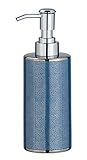 WENKO Seifenspender Nuria, nachfüllbarer Seifendosierer für Flüssigseife/Lotion, hochwertige Keramik mit luxuriös-strukturierter Oberfläche in Silber/Blau, 7,5 x 18,7 x 6,5 cm, Füllmenge 300 ml